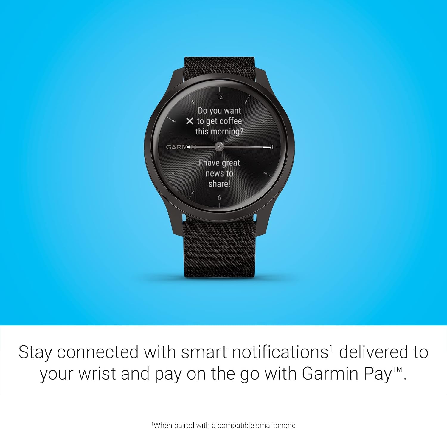 Garmin vivomove Style, Hybrid Smartwatch with Real Watch Hands and Hidden Color Touchscreen Displays, Graphite with Black Woven Nylon Band