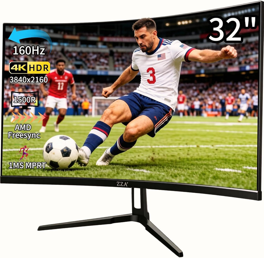 ZZA 32' Curved Gaming Monitor, 4K UHD (3840 x 2160) VA Display, 1500R Immersion, 144Hz/160Hz Refresh Rate, Advanced Computer Screen, Supports AMD FreeSync Premium, 120% sRGB Color Gamut,HDMI 2.1/DP1.4