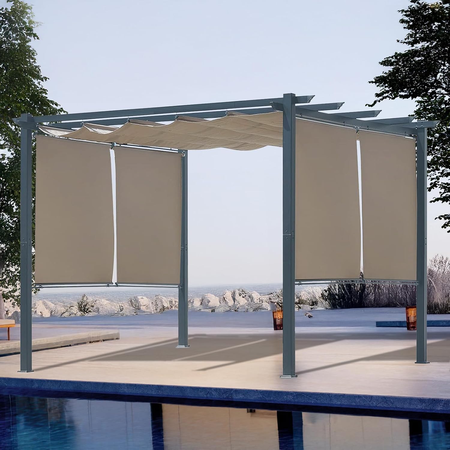 10 x 10 Ft Outdoor Aluminum Pergola, Retractable Canopy & 2 Sides Shades for Patio Backyard Garden Deck