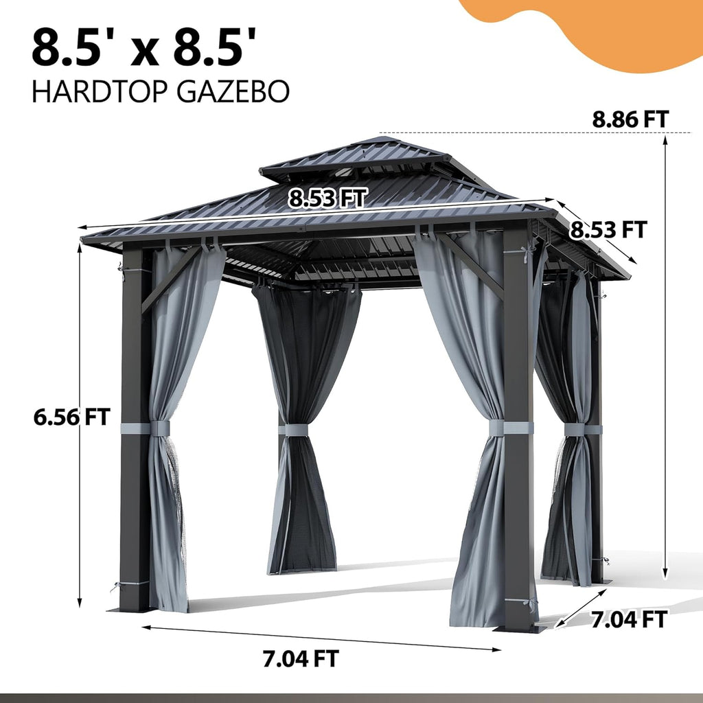 8.5'x8.5' Hardtop Gazebo, Outdoor Double Roof Galvanized Steel Gazebo, Aluminum Frame Permanent Pavilion with Curtains & Netting for Backyard, Patio, Deck (Galvanized Steel Top, 8.5x8.5 FT)