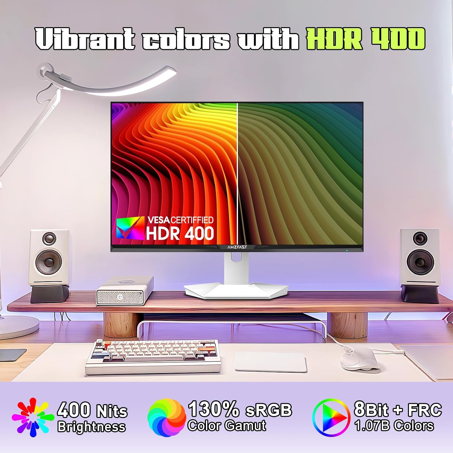 Amzfast 27 Inch 1440P 200Hz/180Hz White Gaming Monitor, MPRT 1ms 2K QHD, Fast IPS | HDR400 & TÜV Rheinland Eye Care & 12 Months Exchange, with HDMI & DP Cable