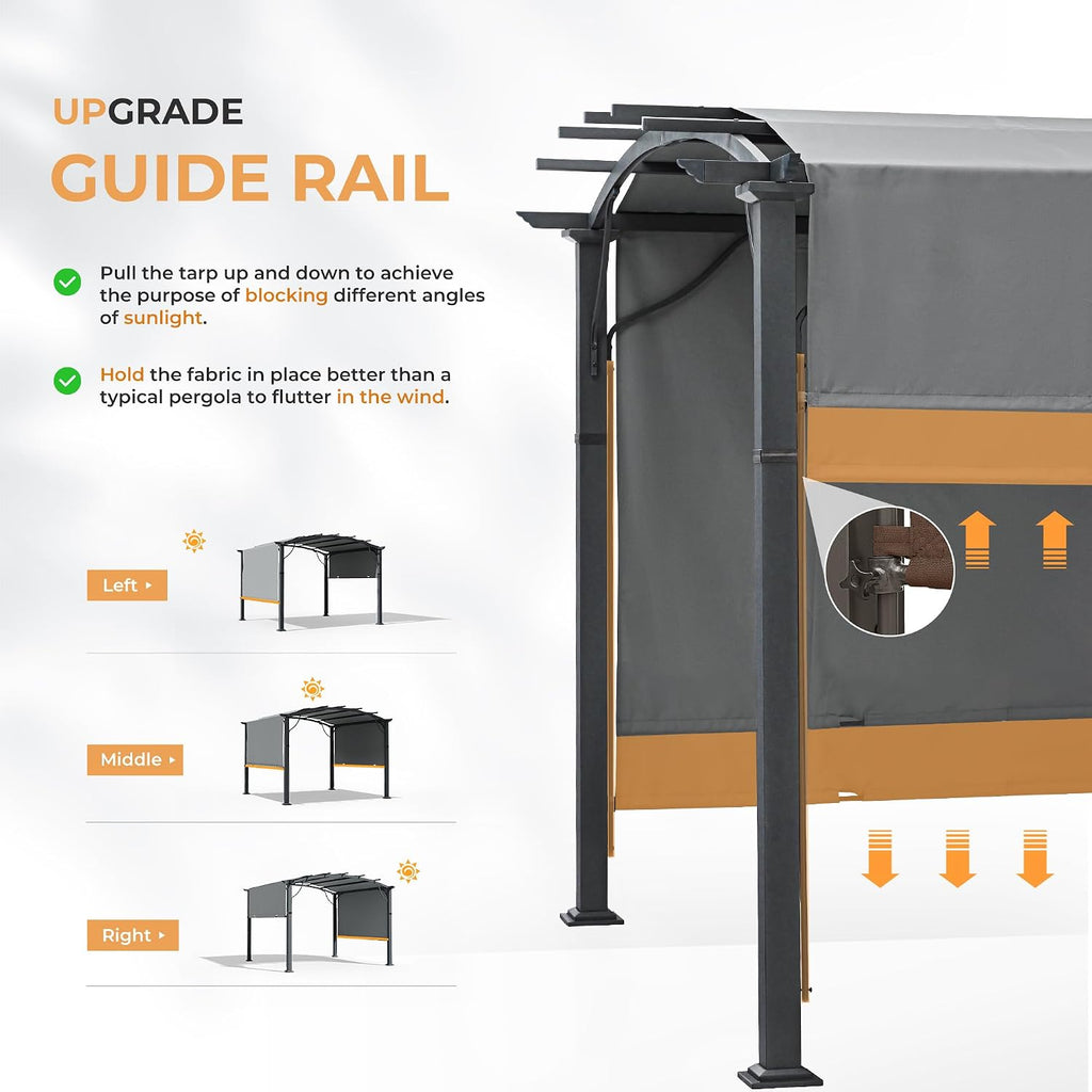 HAPPATIO 10' x10' Outdoor Retractable Pergola, Arched Patio Pergola with Sun Shade Canopy, Aluminum Frame with Canopy Fixed in Various Positions, All- Weather for Backyards, Gardens, Patios (Grey)