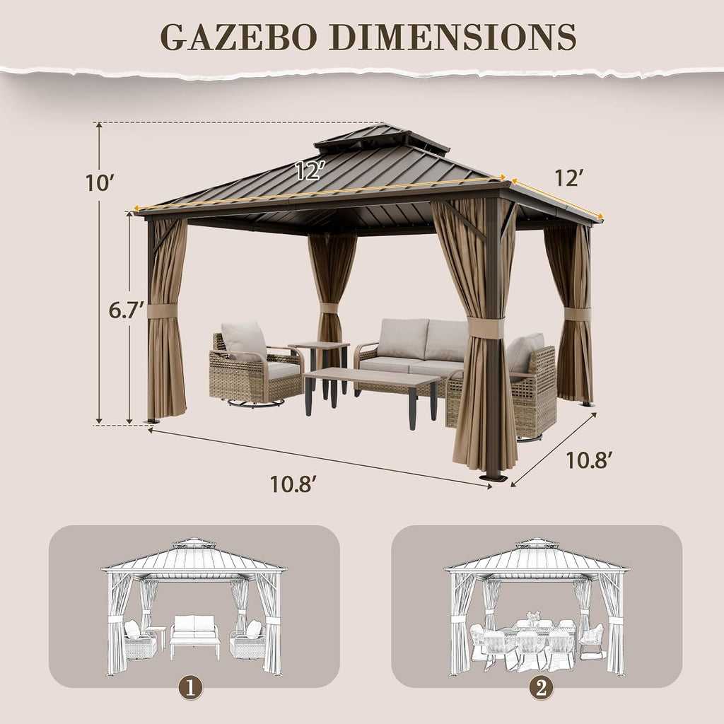 EAGLE PEAK 12x12 Hardtop Gazebo, Galvanized Steel Double Roof with Aluminum Frame, Outdoor Pavilion with Netting and Curtains for Patio, Deck, Lawn and Garden, Dark Brown/Tan