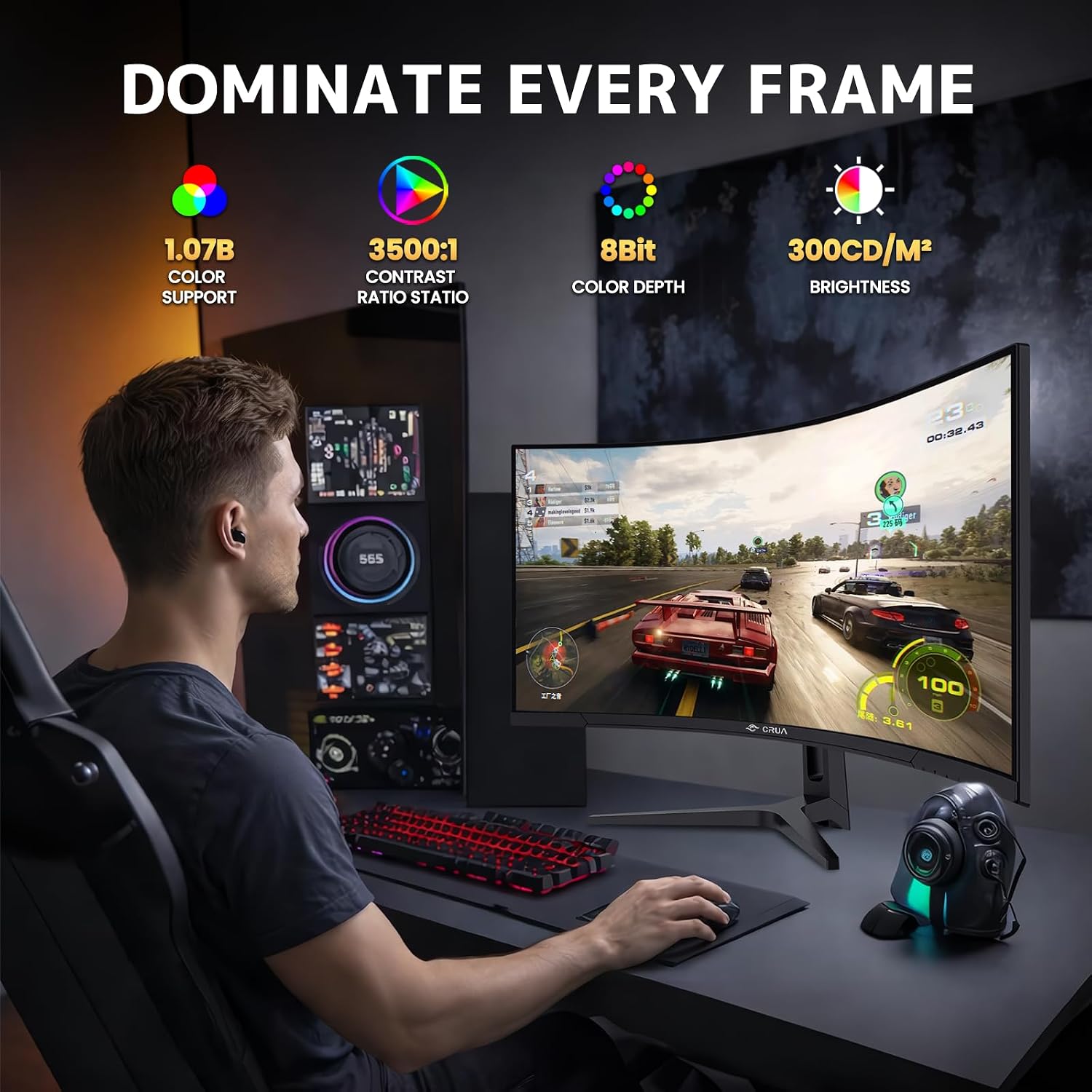 CRUA 34' Curved Gaming Monitor, 240Hz WQHD 3440x1440, UltraWide 21:9, 1500R VA, 120% sRGB, FreeSync, Built-in Speakers, Ideal for Gaming, Streaming, and Office Use, Wall Mountable Installs-Black