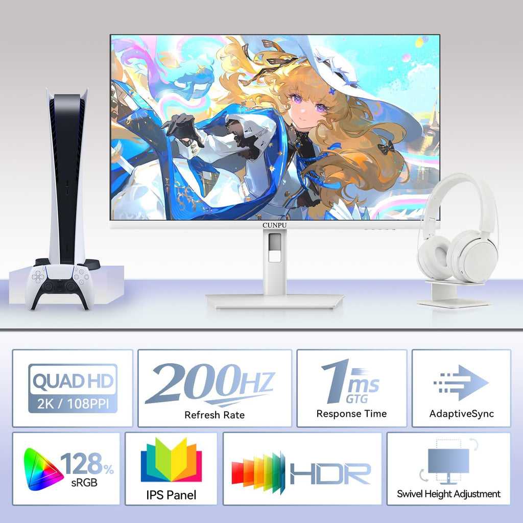 CUNPU 27 Inch White 180/200Hz Gaming Monitor, QHD 2560x1440 Fast IPS PC Monitor, Adaptive Sync, 100% sRGB, HDR10, Built-in Speaker, Height/Swivel/Tilt/Rotating Adjustable Stand, HDMI, Displayport