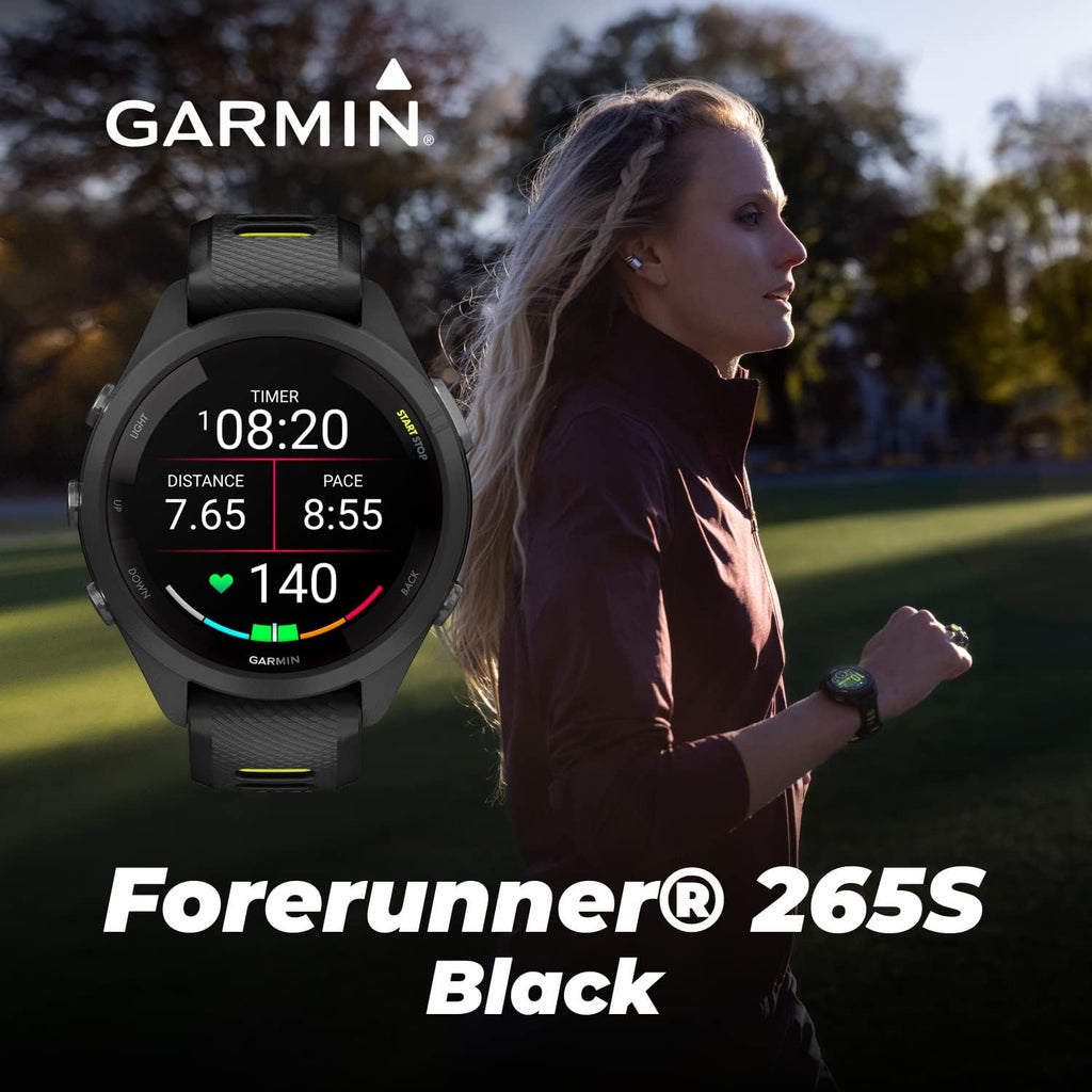 Garmin Forerunner 265S Music GPS Running 42 mm Smartwatch, Black with AMOLED 1.1in Touchscreen Display White Earbuds Bundle, Black +Wht EarBuds
