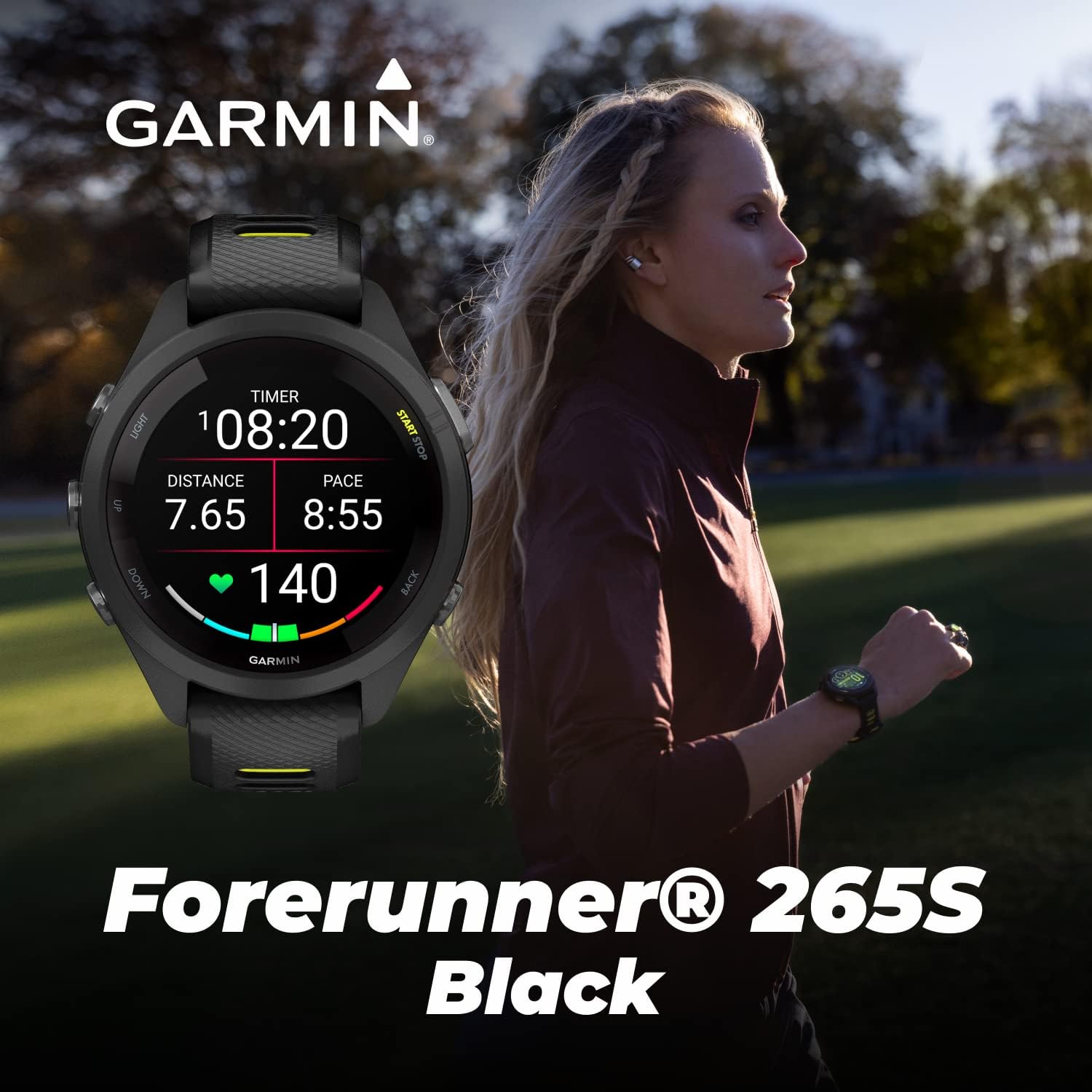 Garmin Forerunner 265S Music GPS Running 42 mm Smartwatch, Black with AMOLED 1.1in Touchscreen Display White Earbuds Bundle, Black +Wht EarBuds