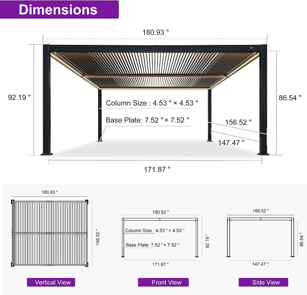PURPLE LEAF LED Louvered Pergola 92KS 13' x 15' with Solar Strip Lights Adjustable Aluminum Roof Integrated Drainage Weatherproof System for Patio Garden Deck Backyard Gray