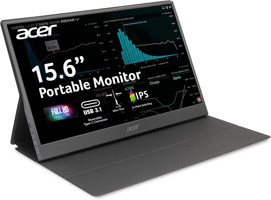 acer Portable Monitor PM161Q Abmiuuzx 15.6' Full HD 1920 x 1080 IPS Ultra Slim Design Premium Cover I External Monitor for Laptop PC Mac I 2 x USB 3.1 Type-C Ports, 1 x Mini HDMI, 1 x Micro USB
