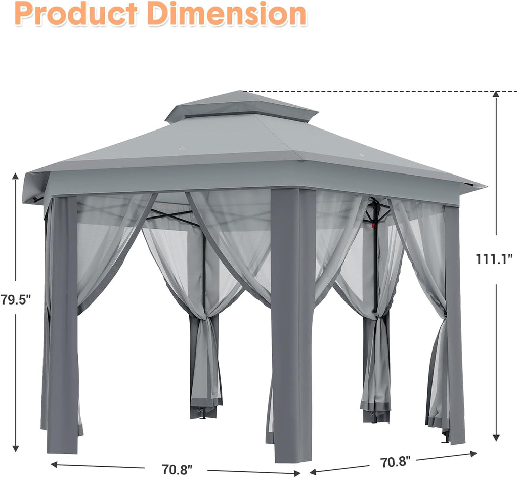 13x13ft Canopy Tent Instant Hexagonal One Push Setup Tent Outdoor Gazebo with Mosquito Netting, Strong Steel Frame for Patio, Backyard, Garden, Parties, Pool-Gray
