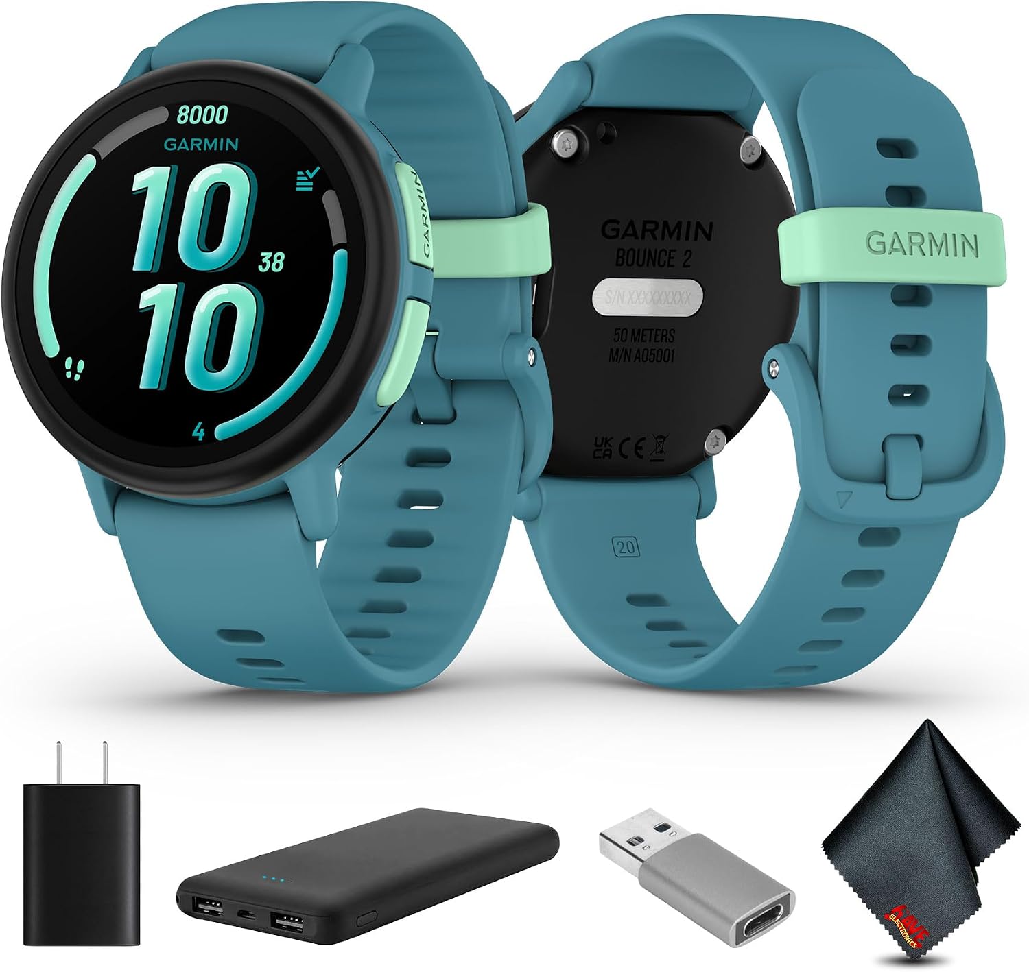 Garmin Bounce 2, Kids Smartwatch with Calling, Messaging and Location Tracking Features, Turquoise Bundle with USB Wall Charger + More
