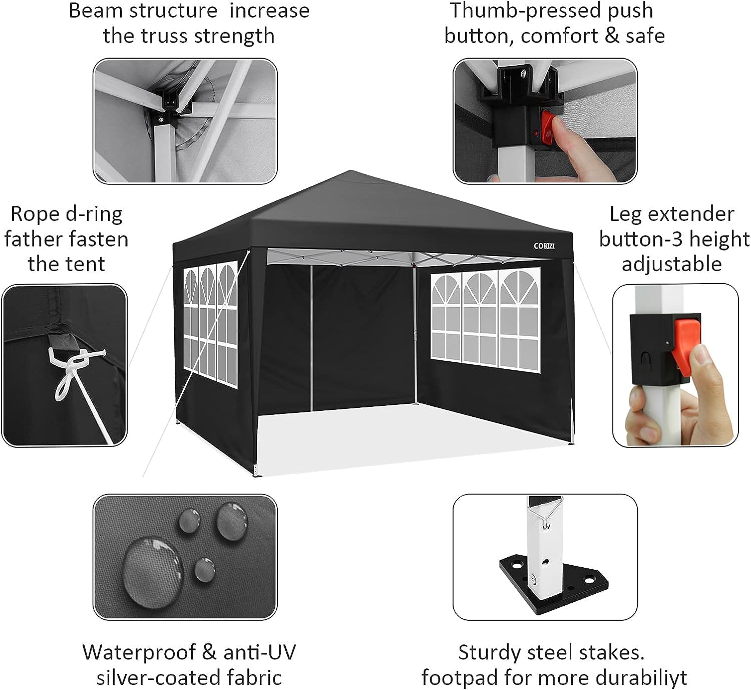 COBIZI 10x10 Pop Up Canopy Tent with 4 Removable Sidewalls, UPF 50+ Waterproof 10x10 Outdoor Portable Canopy for Commercial, Parties, Backyard, Beach with Carry Bag, Ropes, Stakes (Black, 10'x10')