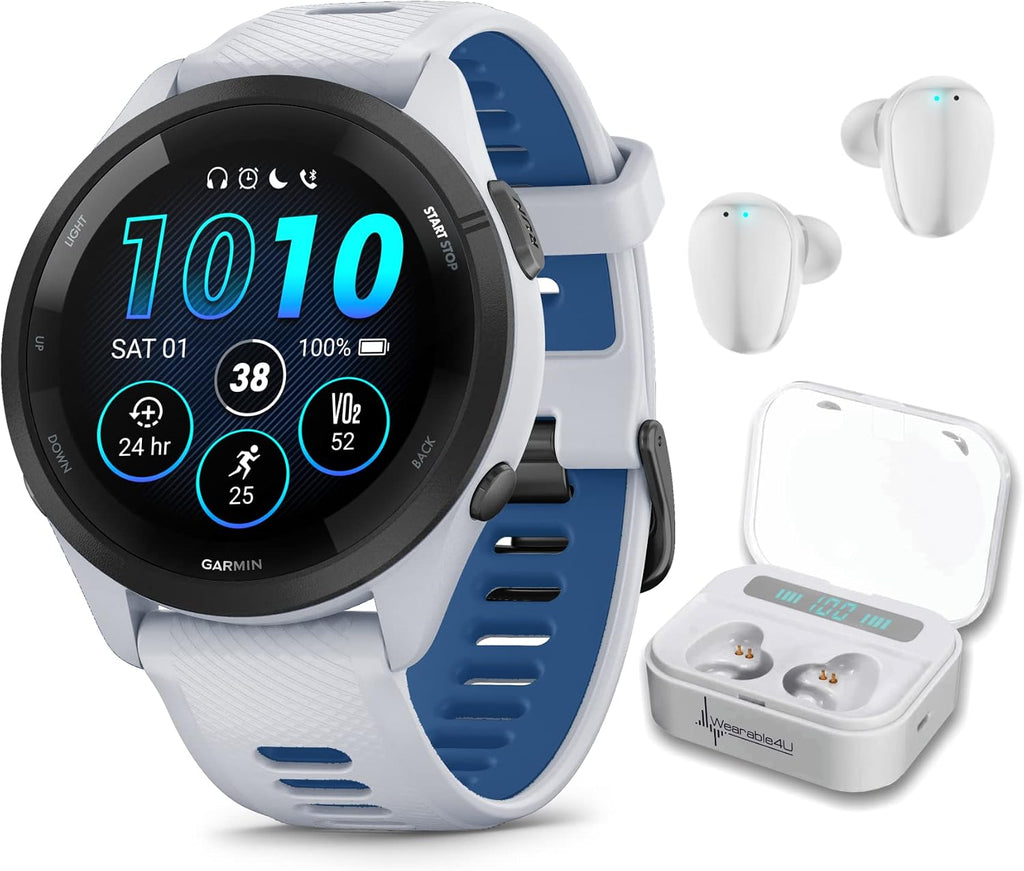 Garmin Forerunner 265 Music GPS Running 46 mm Smartwatch, Whitestone with AMOLED Touchscreen Display White Earbuds Bundle, White +Wht EarBuds