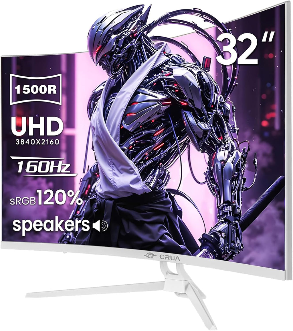 CRUA 32' Curved Gaming Monitor, 4K UHD 3840x2160, 144Hz/160Hz, 1500R VA Display, AMD FreeSync, 120% sRGB, Built-in Speakers,RGB Lighting, HDMI 2.1&DP 1.4, White PC Monitor for Gaming, Streaming & Work