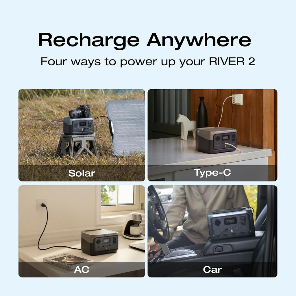 EF ECOFLOW RIVER 2 Portable Power Station, 256Wh LiFePO4 Battery, 1-Hour Fast Charge, Up to 600W AC Outlets, Solar Generator for Camping/Outdoor/Home Backup, Includes Solar Charging Cable