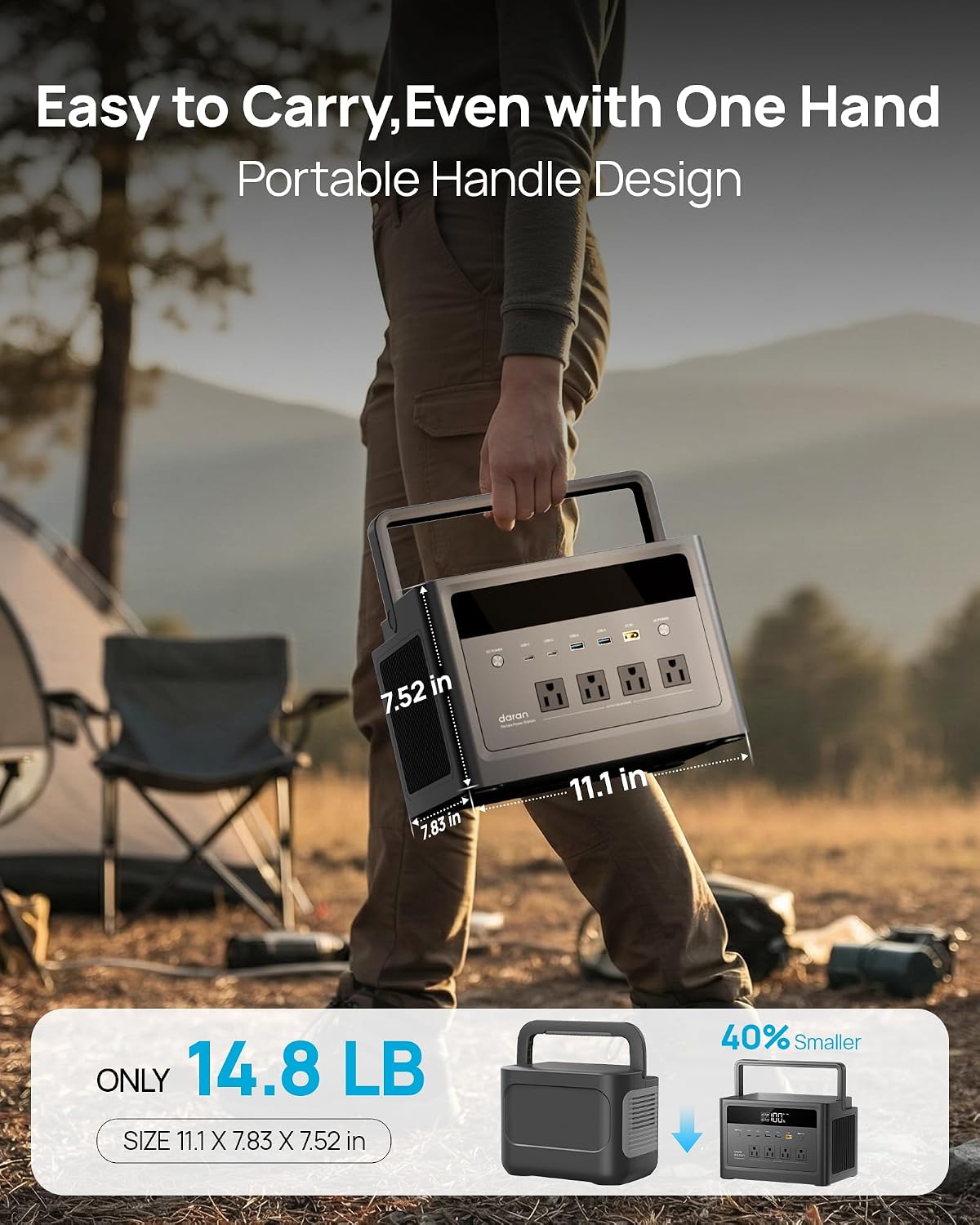 Portable Power Station 1000W (Surge 2000W), 576Wh LiFePO4 Battery Solar Generator, Power Bank AC Outlet with PD 100W Fast Charging USB-C Ports, Portable Charger for Home Use, Hurricane Emergency, RVs