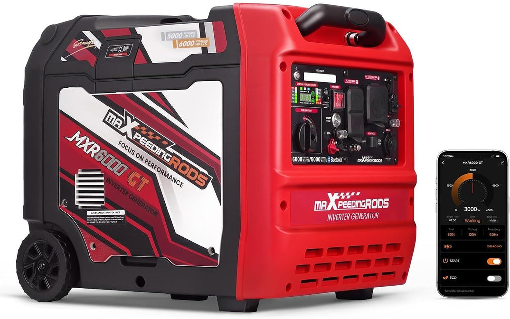 maXpeedingrods 6000 Watt Portable Inverter Generator with Bluetooth® App Remote Control, with Electric Start, Dual Voltage Output with Wheels and Telescopic Handle for Garden, RV Trips, Home Backup