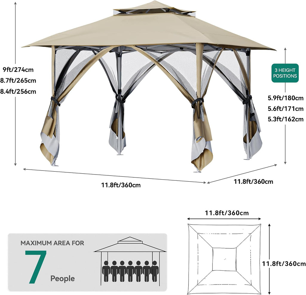 YITAHOME 12x12ft Patio Gazebo Double Roof Pop Up Canopy Outdoor Portable Instant Tent with Netting for Lawn, Garden, Backyard and Deck, Beige