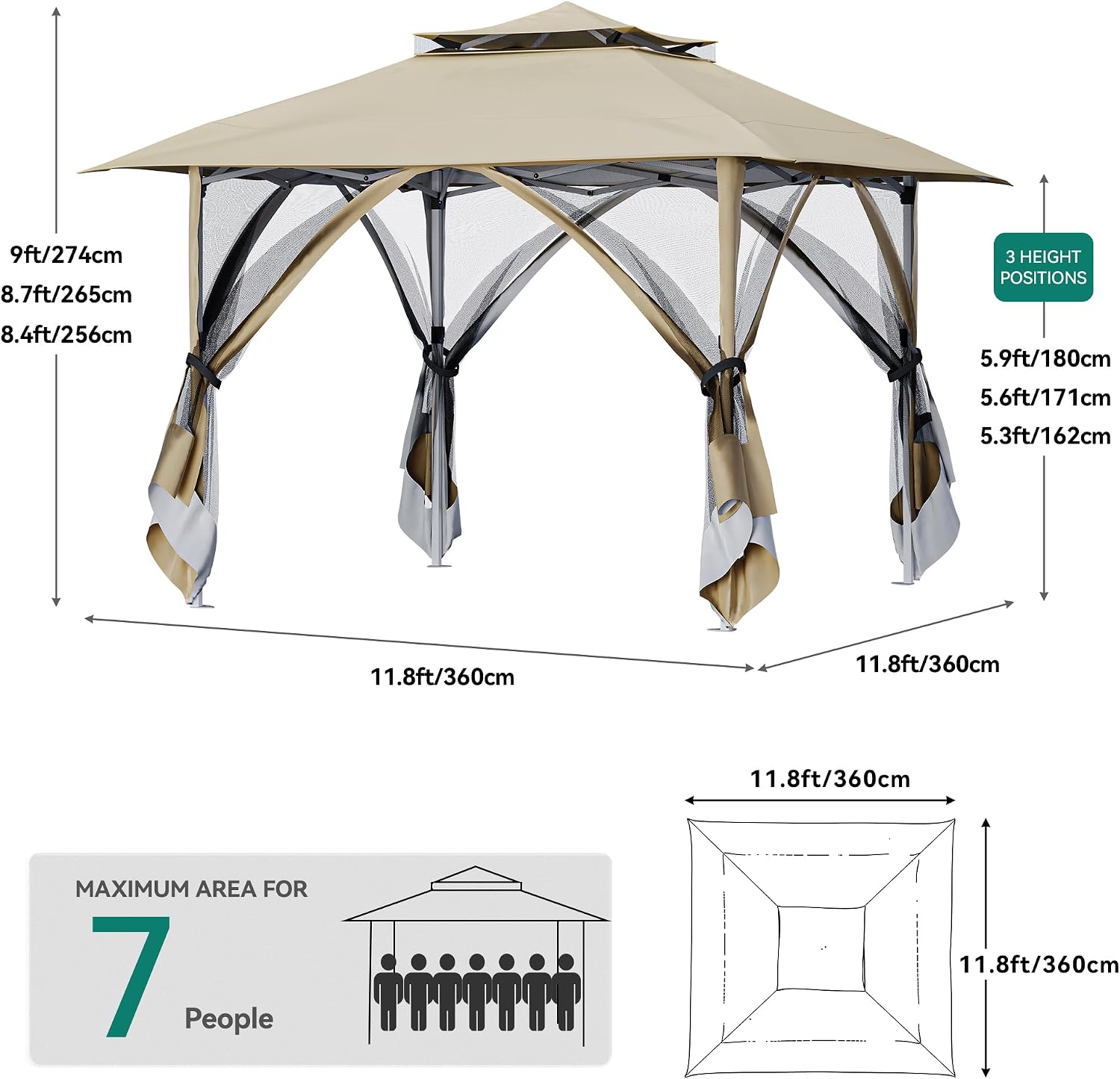 YITAHOME 12x12ft Patio Gazebo Double Roof Pop Up Canopy Outdoor Portable Instant Tent with Netting for Lawn, Garden, Backyard and Deck, Beige
