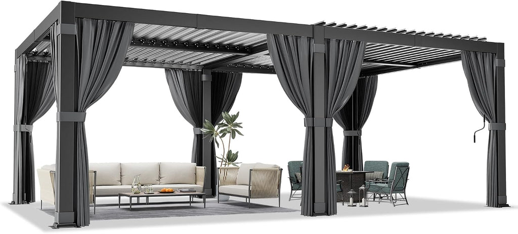Airwire 12'x20' Louvered Pergola, Outdoor Pergola with 2 Independent Adjustable Roof and Drainage System, Aluminum Pavilion with Curtains & Netting, Hardtop Gazebo for Patio, Deck, Garden, Gray