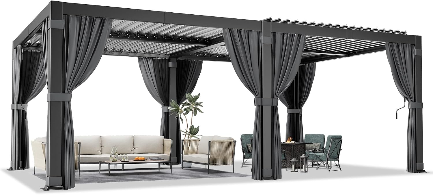Airwire 12'x20' Louvered Pergola, Outdoor Pergola with 2 Independent Adjustable Roof and Drainage System, Aluminum Pavilion with Curtains & Netting, Hardtop Gazebo for Patio, Deck, Garden, Gray