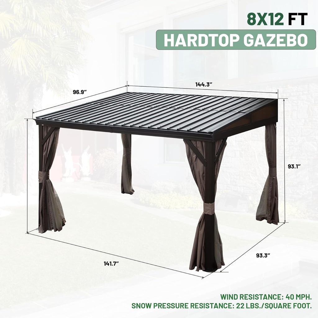 8' x 12' Lean to Gazebo, Outdoor Wall Mounted Gazebo Aluminum Frame, Hardtop Pergola with Galvanized Steel Sloping Roof for Patio Deck Garden Backyard, Curtain and Netting Included