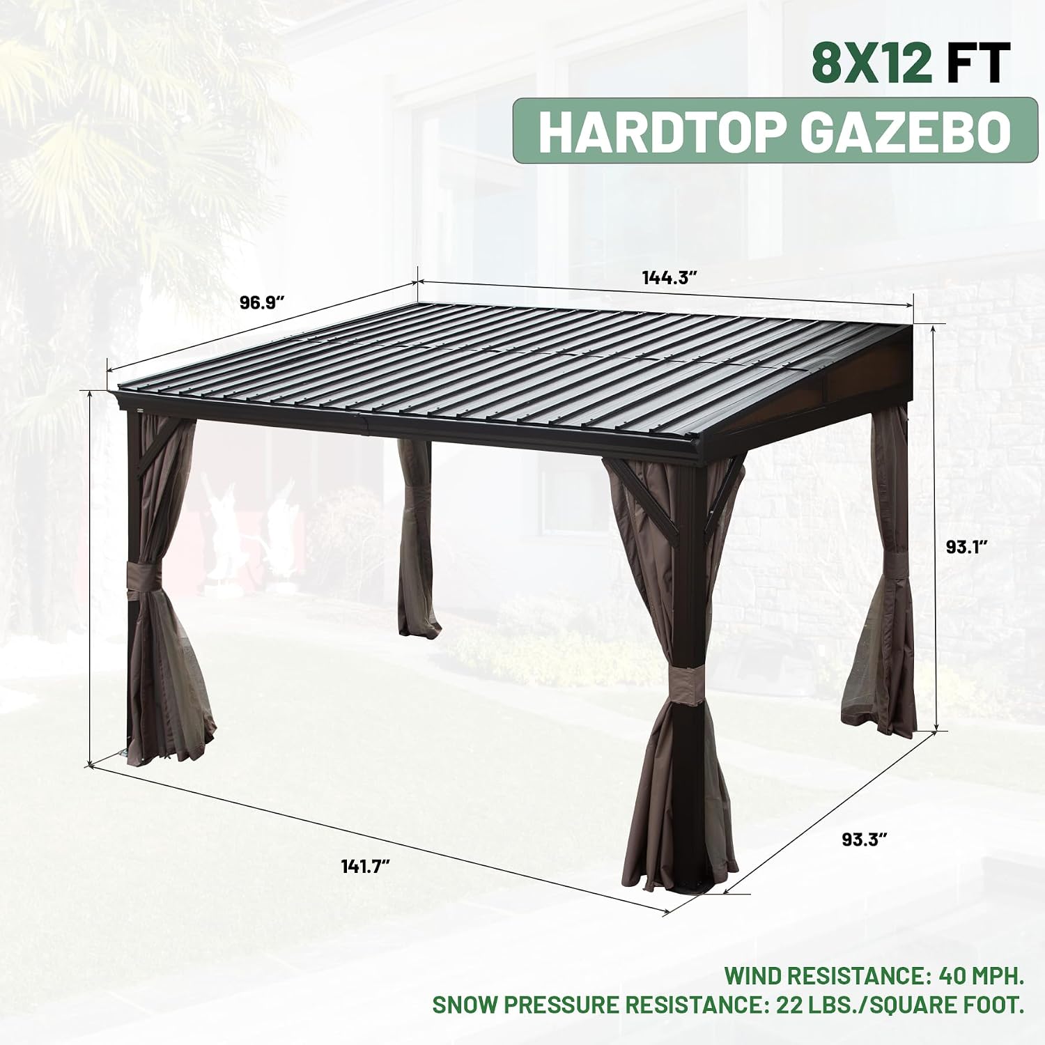 8' x 12' Lean to Gazebo, Outdoor Wall Mounted Gazebo Aluminum Frame, Hardtop Pergola with Galvanized Steel Sloping Roof for Patio Deck Garden Backyard, Curtain and Netting Included