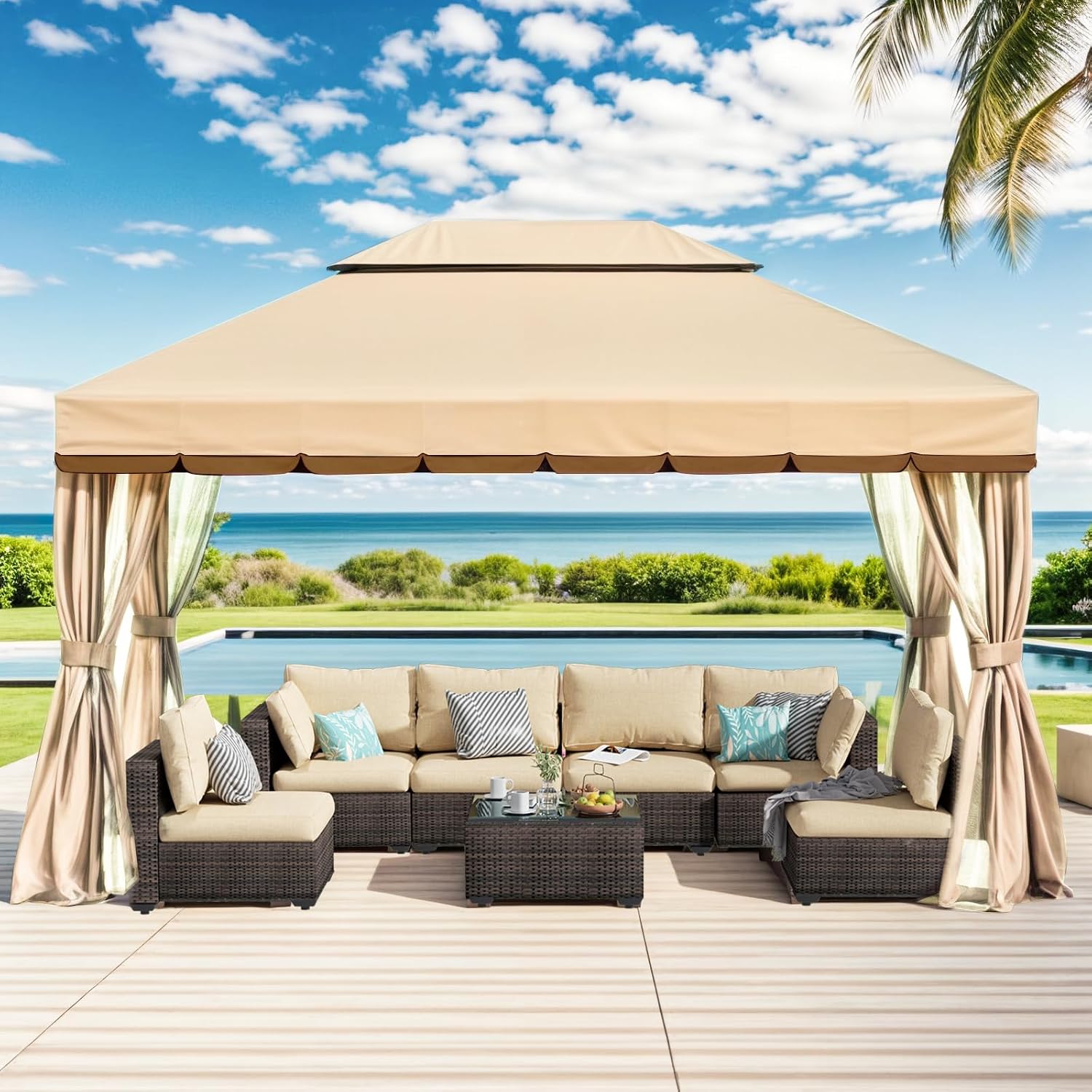 Generic 10'x13' Outdoor Patio Gazebo,Heavy Duty Party Tent & Shelter with Double Roofs, Mosquito Nettings and Curtains for Backyard, Patio, Deck, Parties, Garden, Lawn Beige