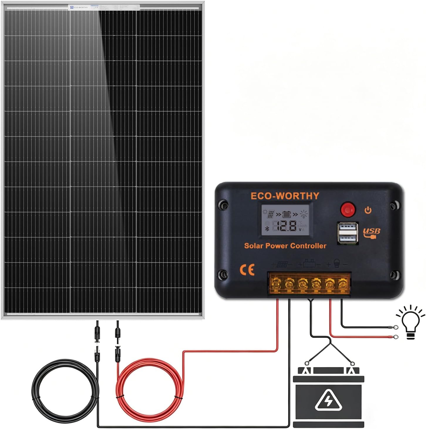 ECO-WORTHY 100 Watt 12 Volt Solar Panel Kit with 100W Bifacial N-Type 25% High Efficiency Solar Panel+30A PWM Charge Controller for RV Battery Boat Trailer Cabin Garden Shed Home