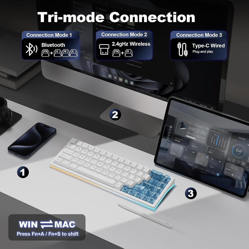 YUNZII AL65 Wireless Mechanical Keyboard, Full Aluminum CNC,Support QMK/VIA Software Gasket Structure,60% Hot Swappable with RGB Backlit BT/2.4G/USB-C for Mac/Windows(White, Gateron Zero)