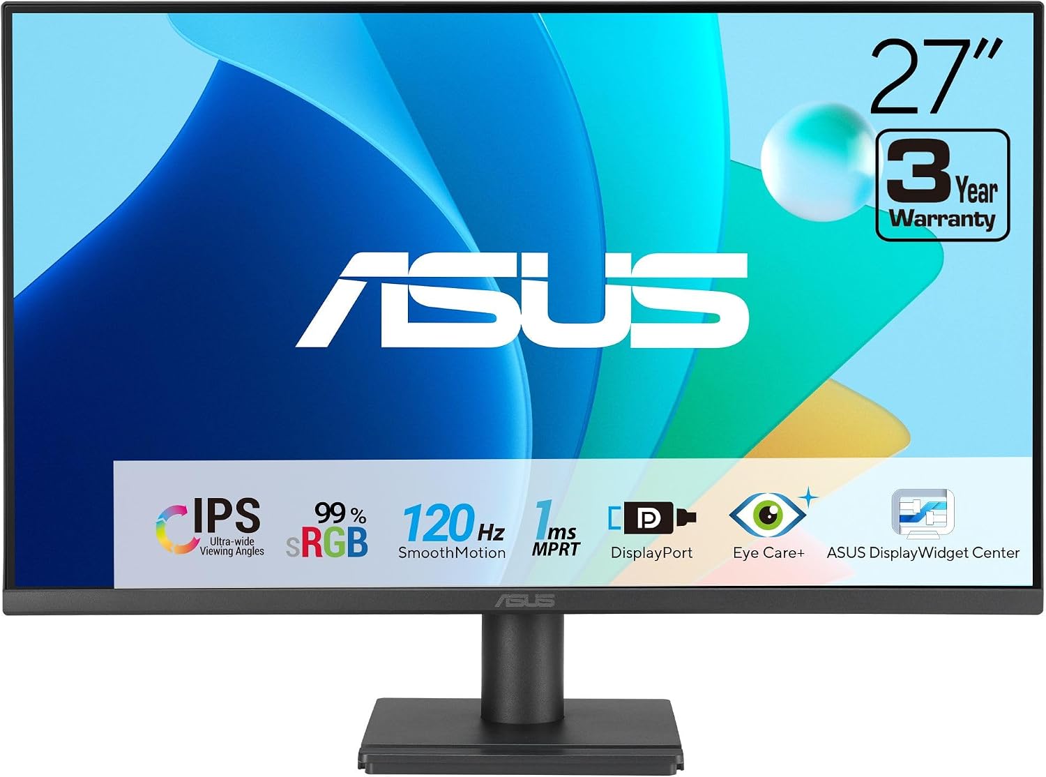 ASUS 27' Computer Monitor (VA279QG) - Full HD, IPS, 120Hz, 1ms MPRT, Adaptive-Sync, Eye Care, Low Blue Light, Flicker Free, HDMI, DisplayPort, VGA, Speakers, VESA Mountable, 99% sRGB, 3yr Warranty