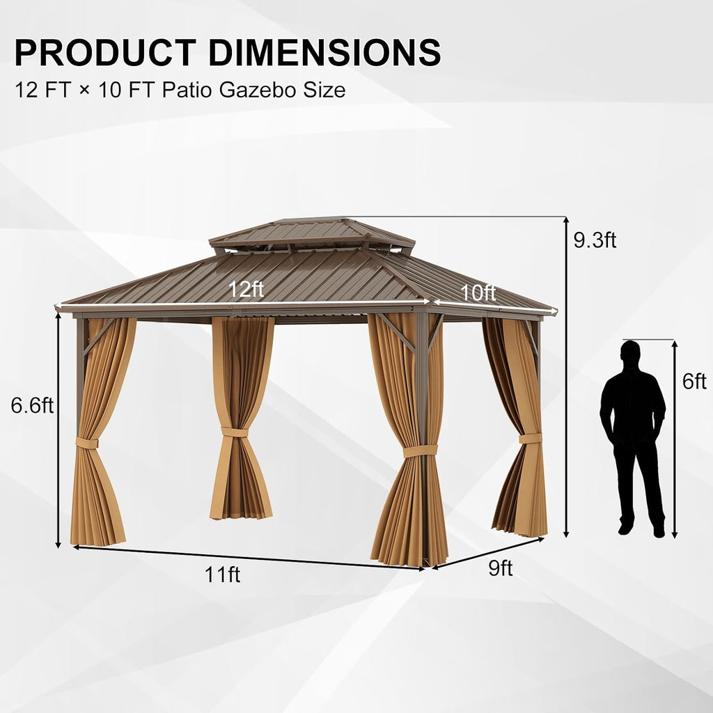 Tangkula 10x12 FT Hardtop Gazebo, Permanent Pavilion Shelter with Netting & Curtain, Heavy-Duty Double Galvanized Metal Roof, Aluminum Frame, Outdoor Gazebo for Patio Garden Deck Lawn Backyard