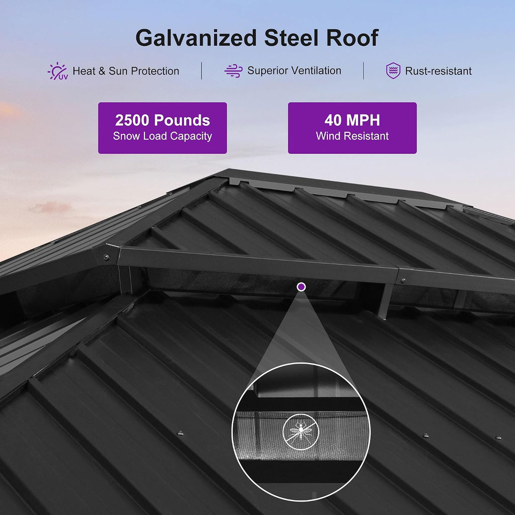 PURPLE LEAF 14' X 16' Outdoor Hardtop Gazebo for Patio Galvanized Steel Double Roof Permanent Canopy Teak Finish Coated Aluminum Frame Pavilion Gazebo with Netting and Lights