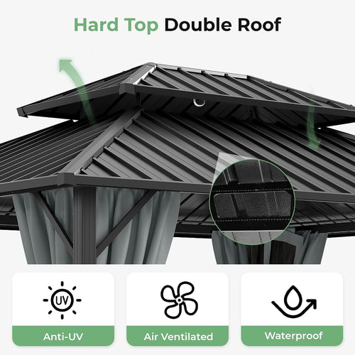 10' x 12' Hardtop Gazebo, Aluminum Frame with Double Galvanized Steel Roof,Permanent Outdoor Gazebo with Netting and Curtains for Backyard, Garden, or Deck, Gray