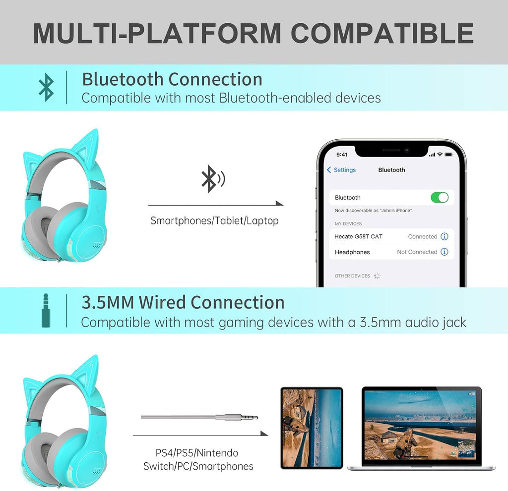 Edifier G5BT CAT Wireless Bluetooth Gaming Headset with Mic, Wired Cat Ear Headphones, Over Ear Headphones with Detachable Cat Ear, RGB Light, for PC, PS5, PS4, Nintendo Switch (Turquoise)