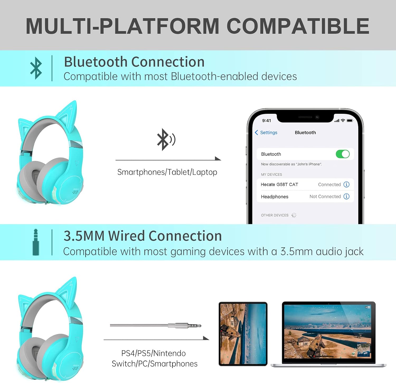 Edifier G5BT CAT Wireless Bluetooth Gaming Headset with Mic, Wired Cat Ear Headphones, Over Ear Headphones with Detachable Cat Ear, RGB Light, for PC, PS5, PS4, Nintendo Switch (Turquoise)