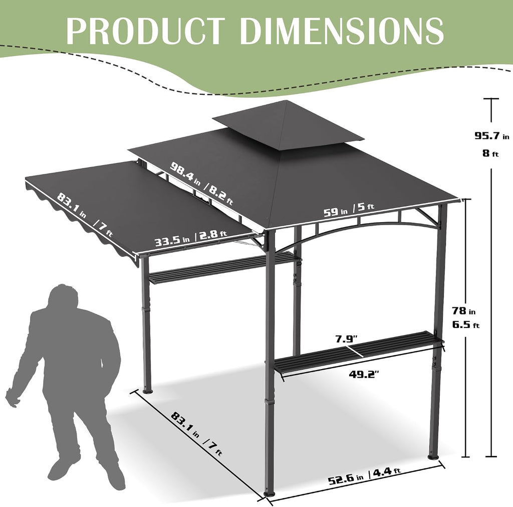 MAGIC UNION 8x8 FT Grill Gazebo with Side Awning, 2-Tier Barbecue Canopy Shelter with 2 Shelves, 7 Hanging Hooks, Bottle Opener, Outdoor Grilling Awnings Tent for Backyard Garden Poolside (Gray)