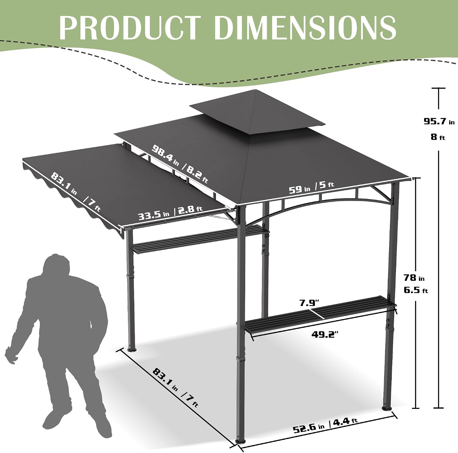 MAGIC UNION 8x8 FT Grill Gazebo with Side Awning, 2-Tier Barbecue Canopy Shelter with 2 Shelves, 7 Hanging Hooks, Bottle Opener, Outdoor Grilling Awnings Tent for Backyard Garden Poolside (Gray)