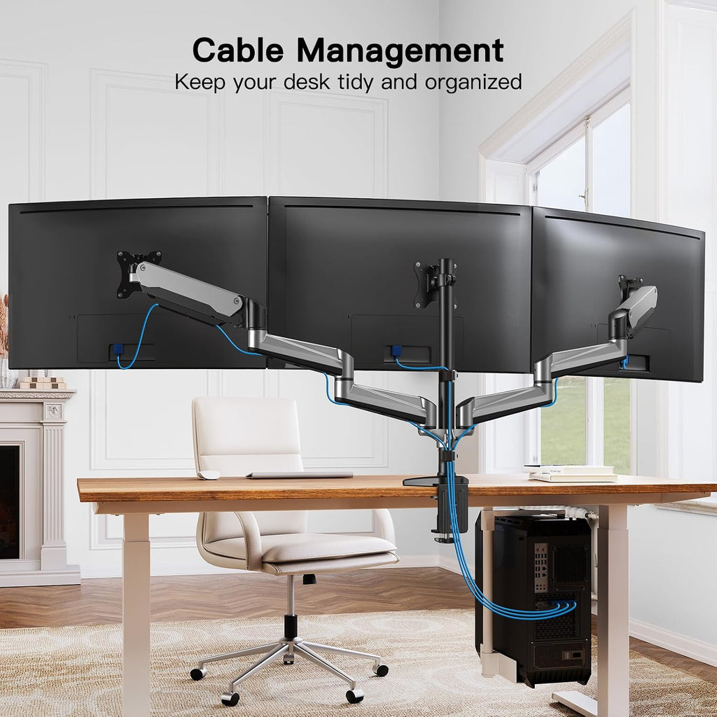 HUANUO Gaming Triple Monitor Stand, Full Motion Articulating Triple Monitor Mount Fit 17 to 32 inch Flat/Curved LCD Computer Screens with Clamp, Grommet Kit, Silver