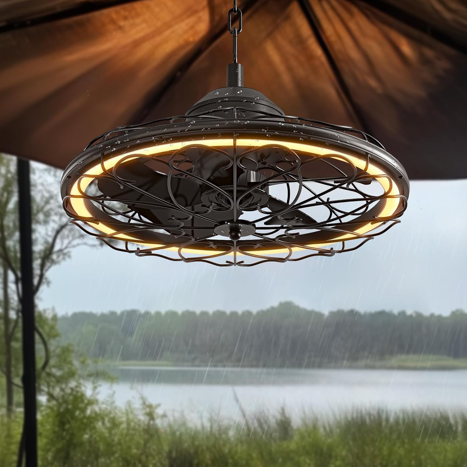 20' Outdoor Ceiling Fan, IP65 Waterproof Gazebo Fan with Light, Remote Control，6 Speeds，3CCT, Plug in Caged Ceiling Fan with Hanging Hook for Patio, Porch, Canopy