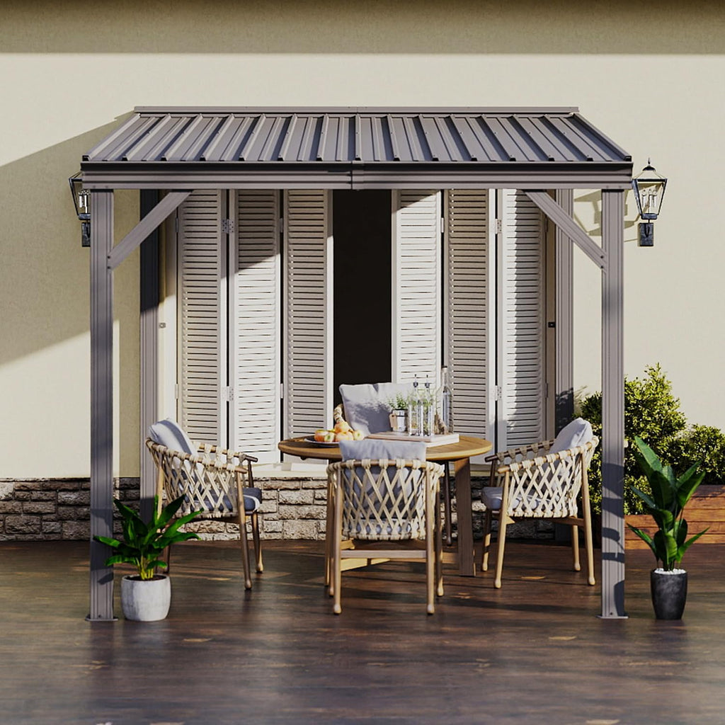 Domi 8' x 8' Wall-Mounted Hardtop Gazebo Pergola – Permanent Lean-to Outdoor Shelter with Sloped Galvanized Steel Roof & Upgraded Drainage – Grey Metal Patio Cover for Backyard, Deck, Garden
