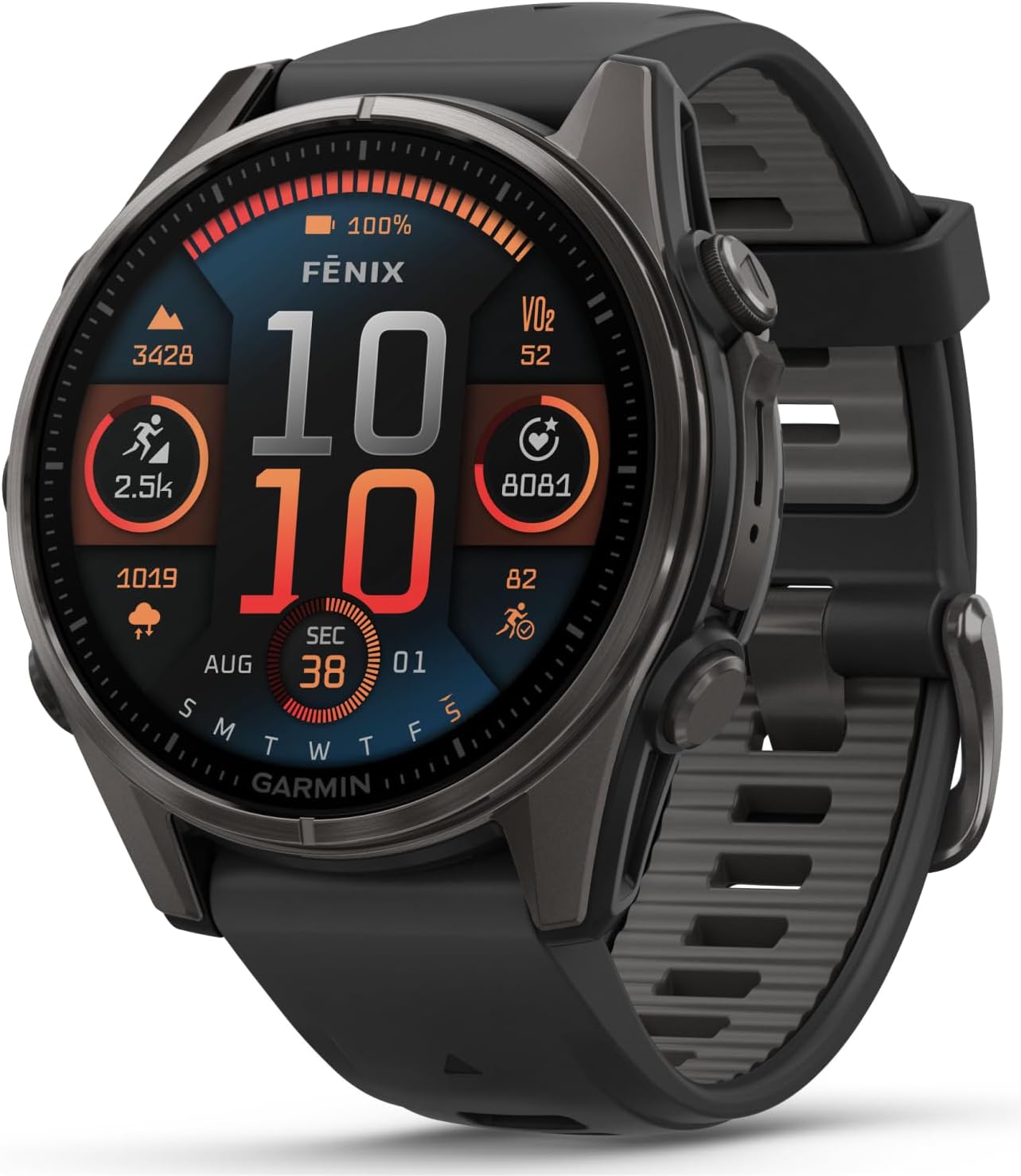 Garmin Fenix 8 – 43 mm Sapphire, AMOLED Multisport GPS Smartwatch, Carbon Gray DLC Titanium with Black/Pebble Gray Silicone, Built-in LED Flashlight Power Bank Bundle