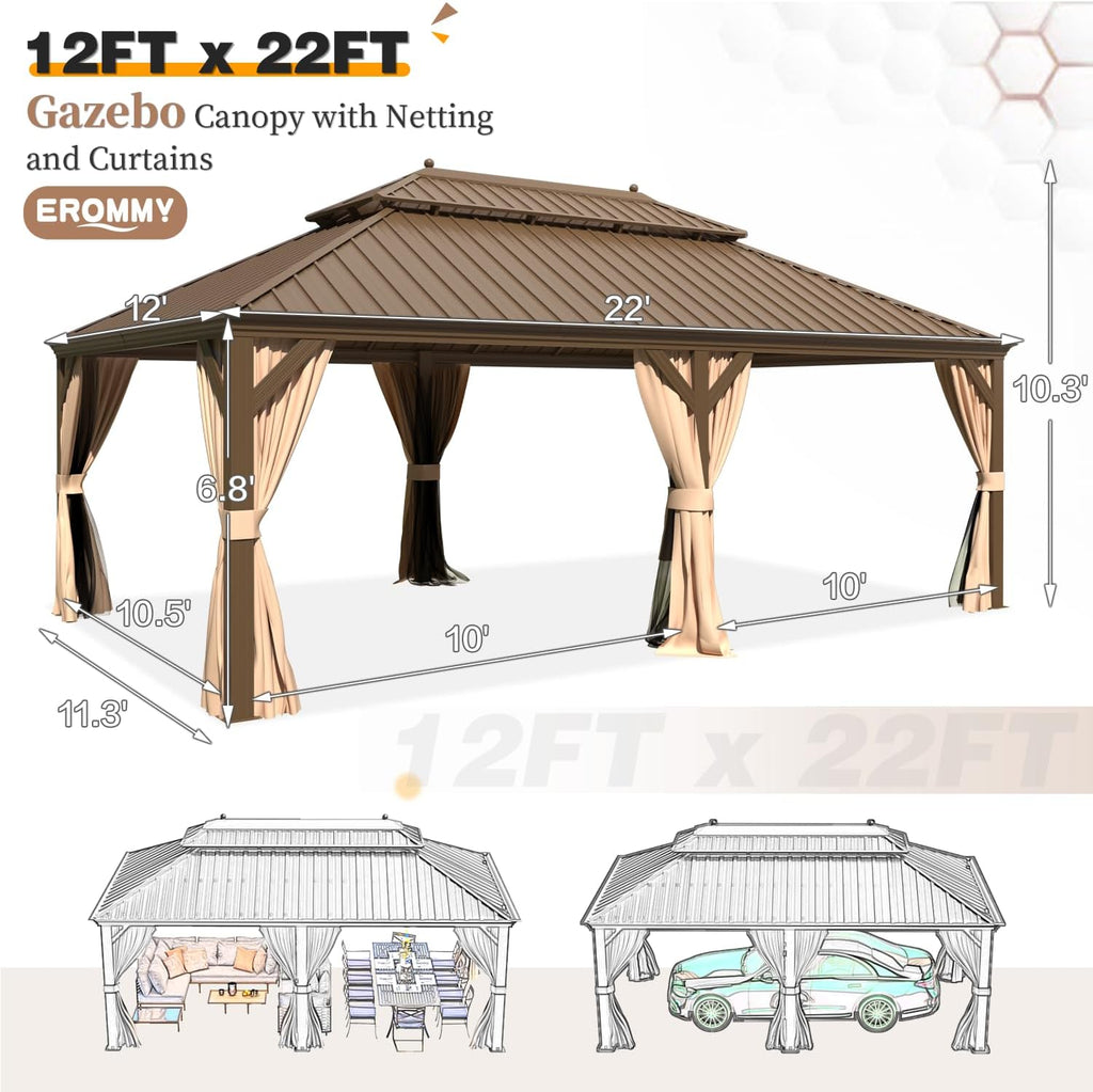 EROMMY 12'x22' Hardtop Gazebo, Galvanized Steel Double Roof Canopy with Aluminum Frame Permanent Metal Pavilion with Netting and Curtains for Patio Backyard Deck and Lawns