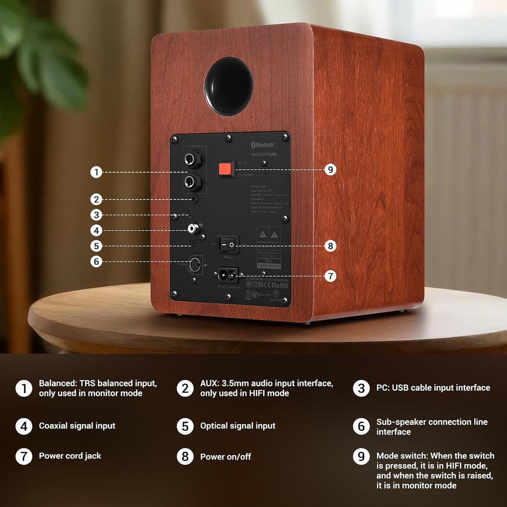 Sanyun SW206 80W Active Dual-Mode Bookshelf Speakers, 4' Studio Monitor & HiFi Mode, Upgraded 3D Sound Field, 6.35mm TRS Balanced, Bluetooth 5.4, Optical Coaxial Aux USB 24bit DAC, Woodgrain