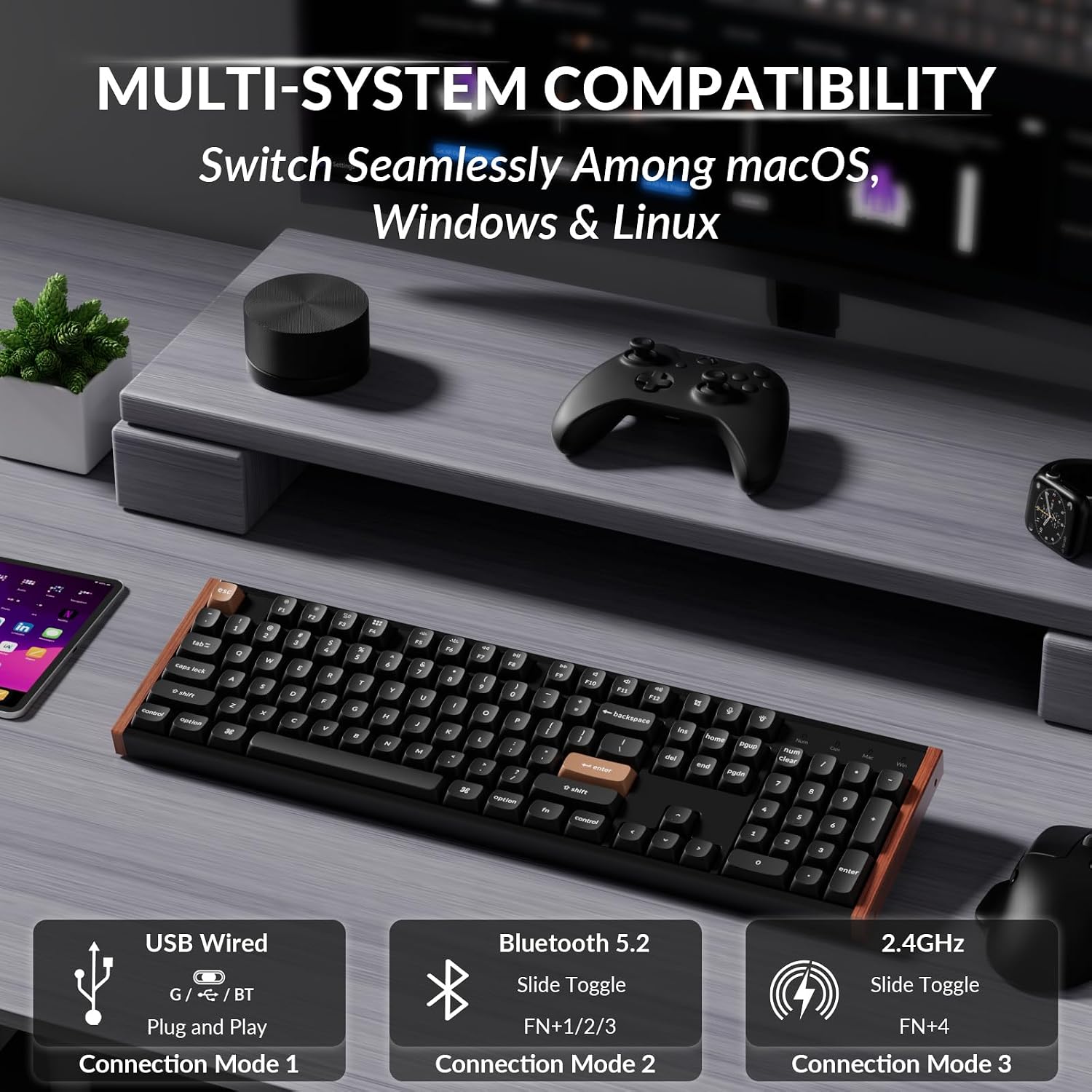 Keychron K10 HE Hall Effect Keyboard, Gateron Double-Rail Magnetic Nebula Switch, Full-Size Tri-Mode Wireless Keyboard with Rapid Trigger, Adjustable Actuation, RGB, Aluminum + Wooden Frame