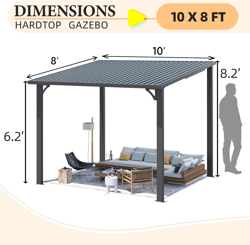 AECOJOY 10'x8' Pergola Hardtop Outdoor Gazebo for Patio, Small Heavy Duty Lean to Metal Pergolas and Gazebos Clearance, Wall-Mounted Grill Gazebo Galvanized Steel Patio Roof Awnings for Patio, Decks