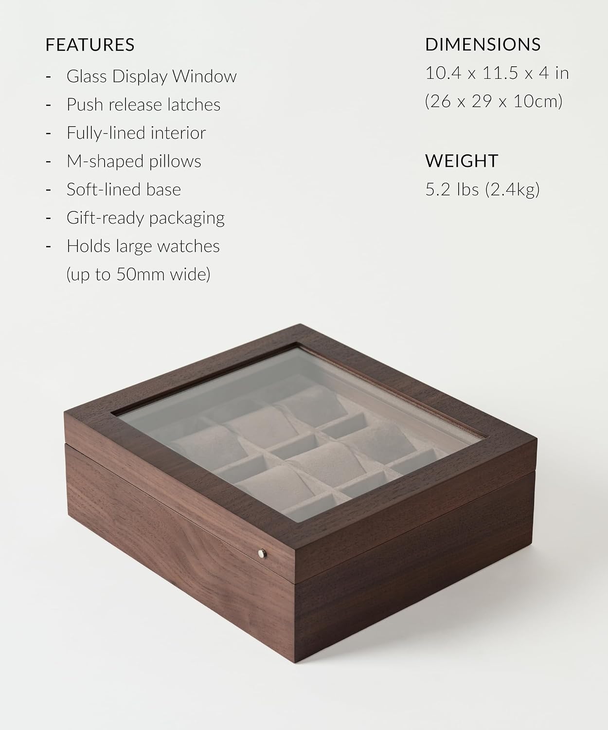 TAWBURY Wooden Watch Case - 12 Slot Wood Watch Box for Men & Women with Glass Display, Protective Fully Lined Interior and 2-inch Wide Pillows for Small & Large Watches (Dark Walnut)