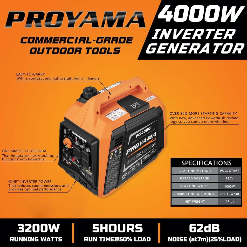 PROYAMA 4000W Portable Gas Inverter Generator, CO Sensor, Digital Interface, RV - Ready, LED Light, ECO - Mode, Parallel Capable, Low Oil Shutoff, Super Quiet and Lightweight with Weatherproof Cover