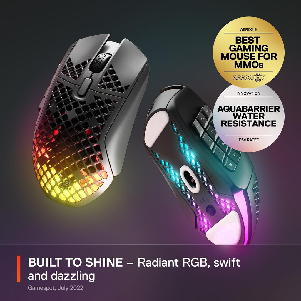 SteelSeries Aerox 9 Wireless - Holey RGB Gaming Mouse - Ultra-lightweight Water Resistant Design - 18 Buttons – Bluetooth/2.4 GHz - 18K DPI TrueMove Air Optical Sensor