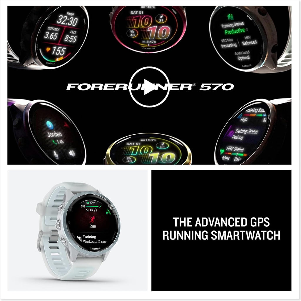 PlayBetter Garmin Forerunner 570 (42 mm, Cloud Blue/Translucent Whitestone) Running GPS Smartwatch - AMOLED Display, Training & Recovery - Bundle Portable Charger & HD Screen Protectors